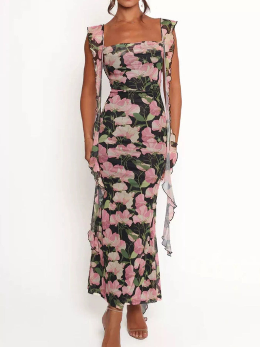 Floral Print Ruffle Trim Bodycon Maxi Dress by Trendsi