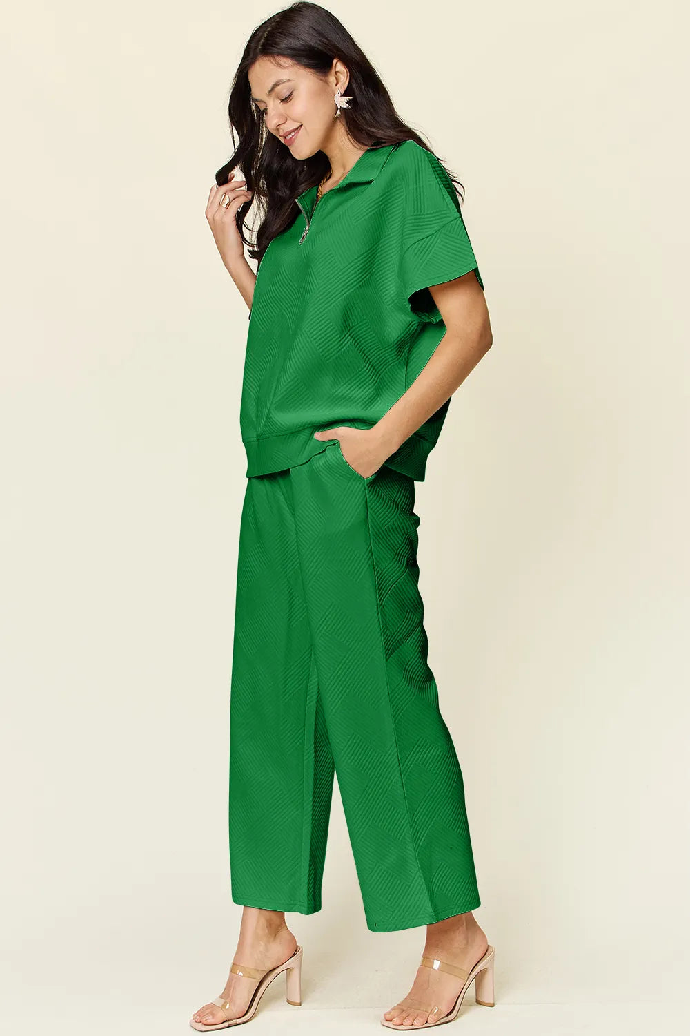 Double Take Full Size Texture Half Zip Short Sleeve Top and Pants Set by Trendsi