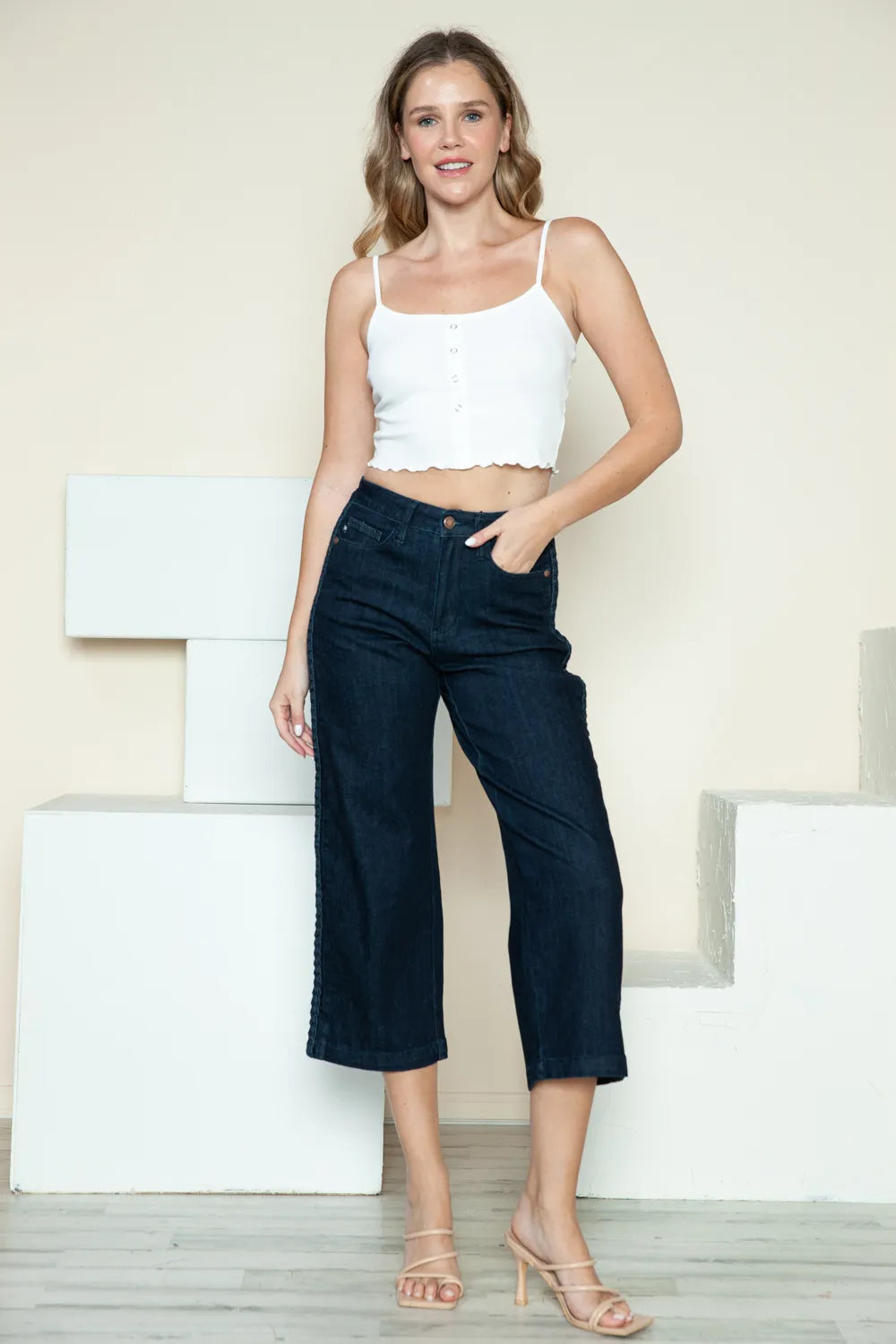 Judy Blue Full Size Side Seam Braid Detail Crop Wide Leg Jeans by Trendsi