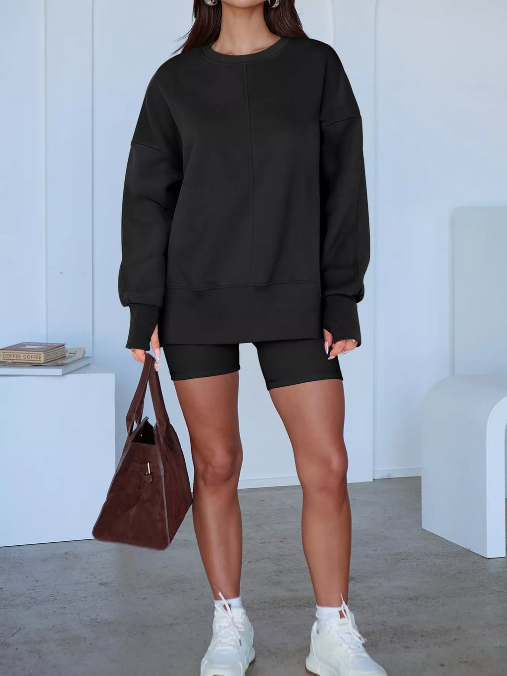 Side Slit Round Neck Long Sleeve Sweatshirt by Trendsi
