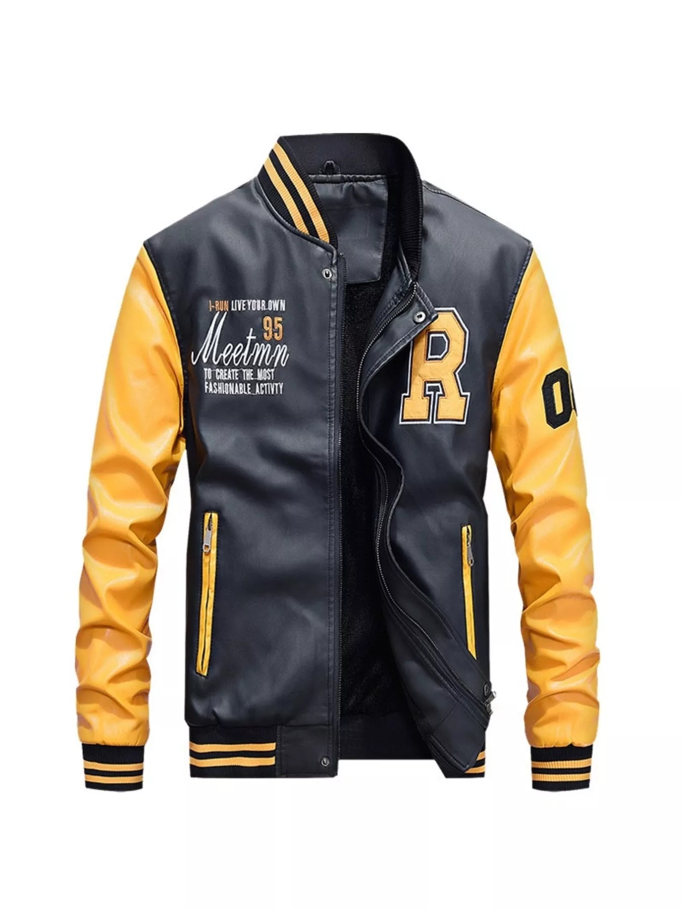 Men's Plus Size Color Block Zip Up Leather Jacket by Trendsi