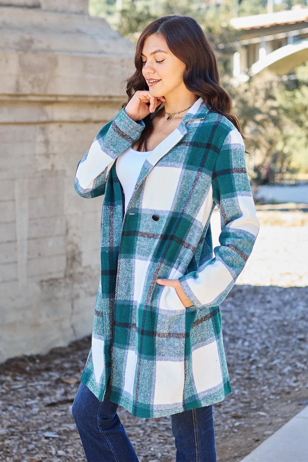 Double Take Full Size Plaid Button Up Lapel Collar Coat by Trendsi