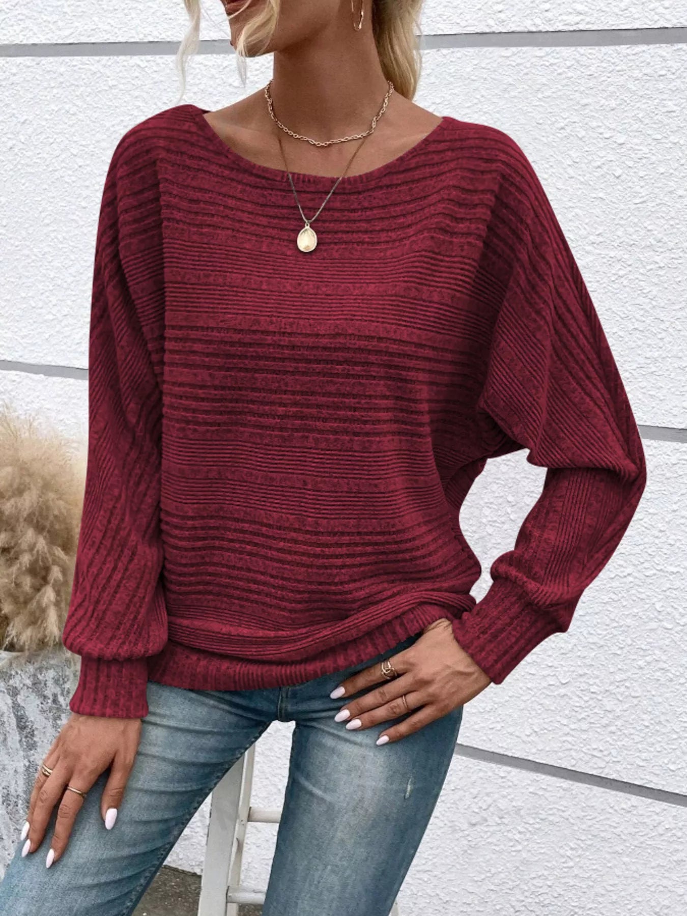 Ribbed Round Neck Long Sleeve Top by Trendsi