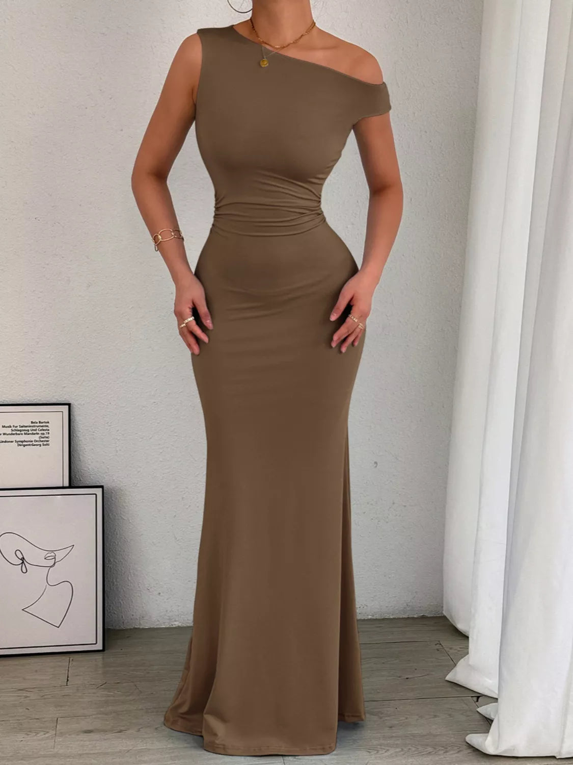 One-Shoulder Ruched Bodycon Maxi Dress by Trendsi
