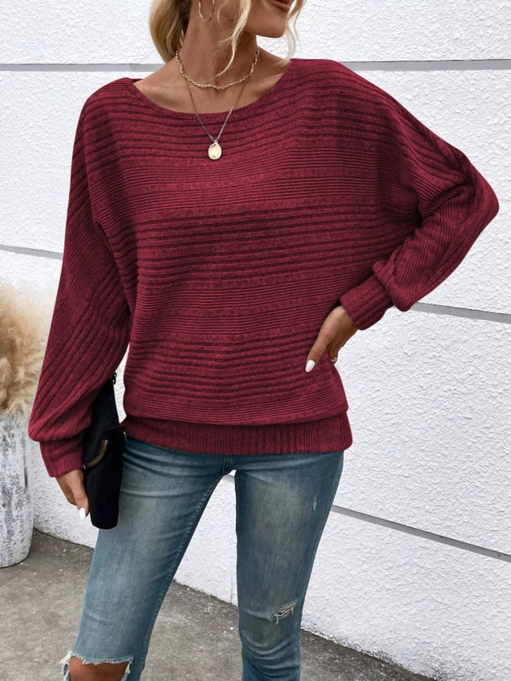 Ribbed Round Neck Long Sleeve Top by Trendsi