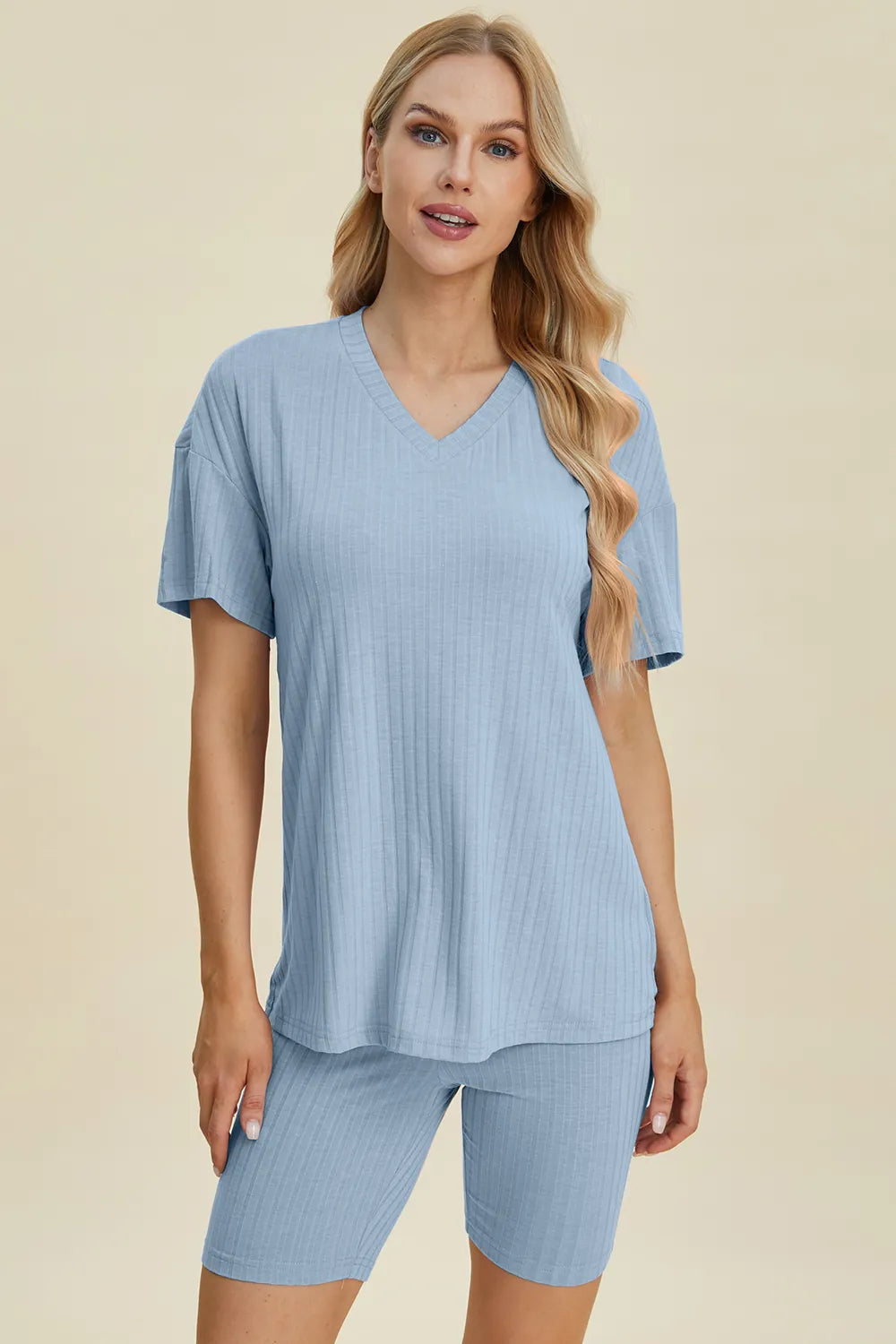 Basic Bae Full Size Ribbed V-Neck Short Sleeve Top and Shorts Set by Trendsi