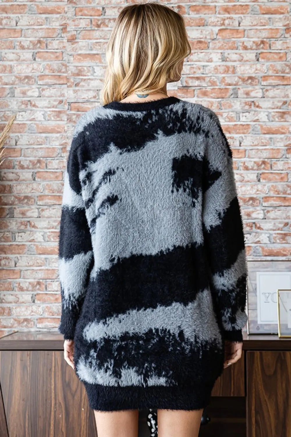 First Love Full Size Abstract Pattern Contrast Feather Yarn Sweater by Trendsi