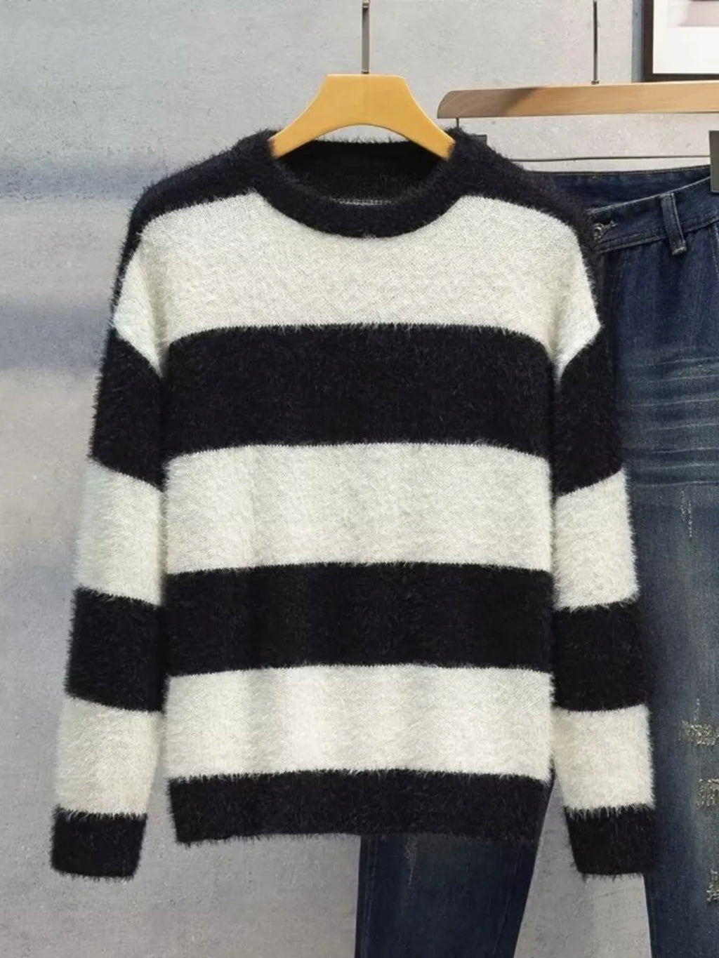 Men's Plus Size Striped Fuzzy Knit Pullover Sweater by Trendsi