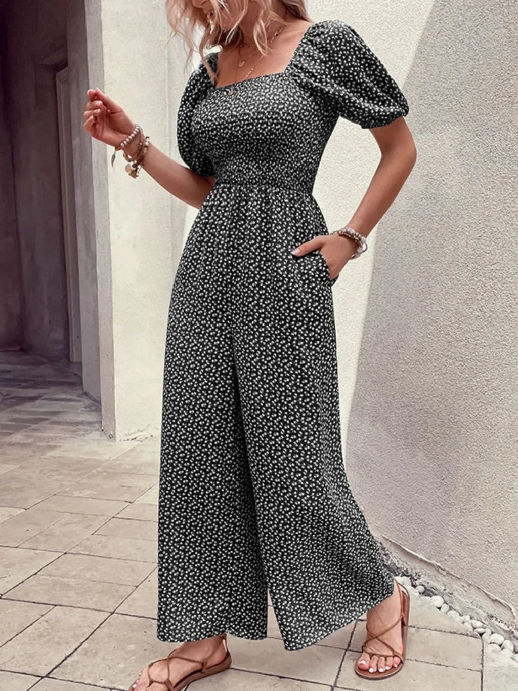 Printed Square Neck Puff Sleeve Jumpsuit by Trendsi