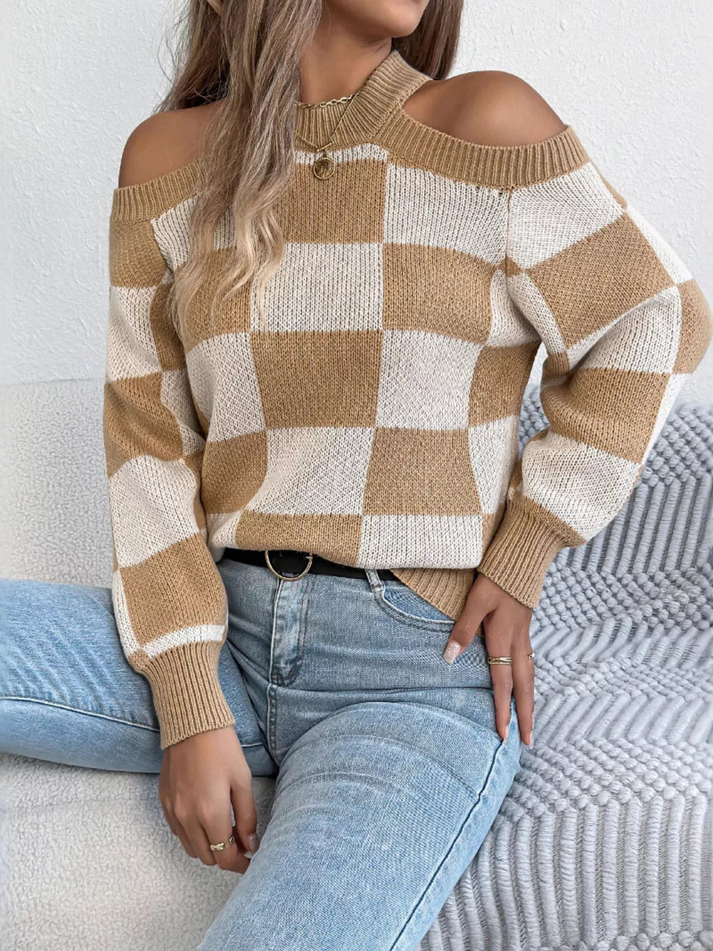 Cold Shoulder Checkered Long Sleeve Sweater by Trendsi