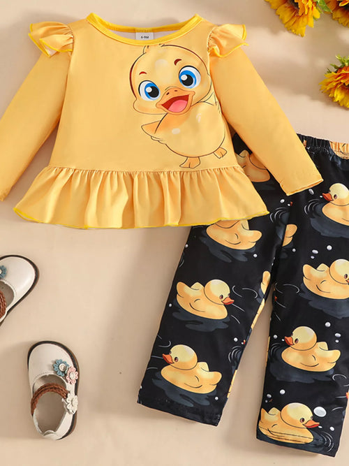 Children's Cute Duck Print Long Sleeve Top and Pants Set by Trendsi