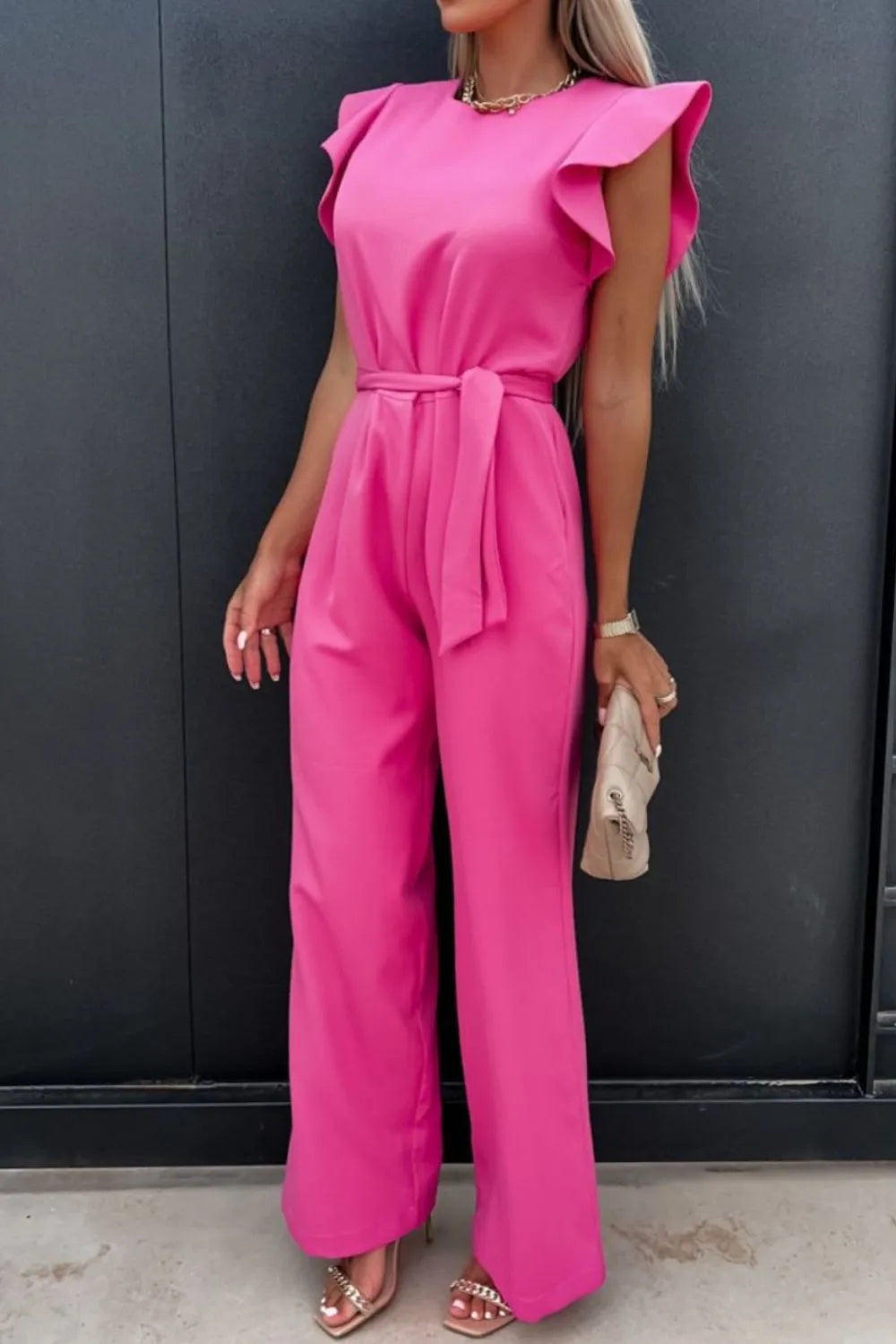 Round Neck Cap Sleeve Jumpsuit by Trendsi