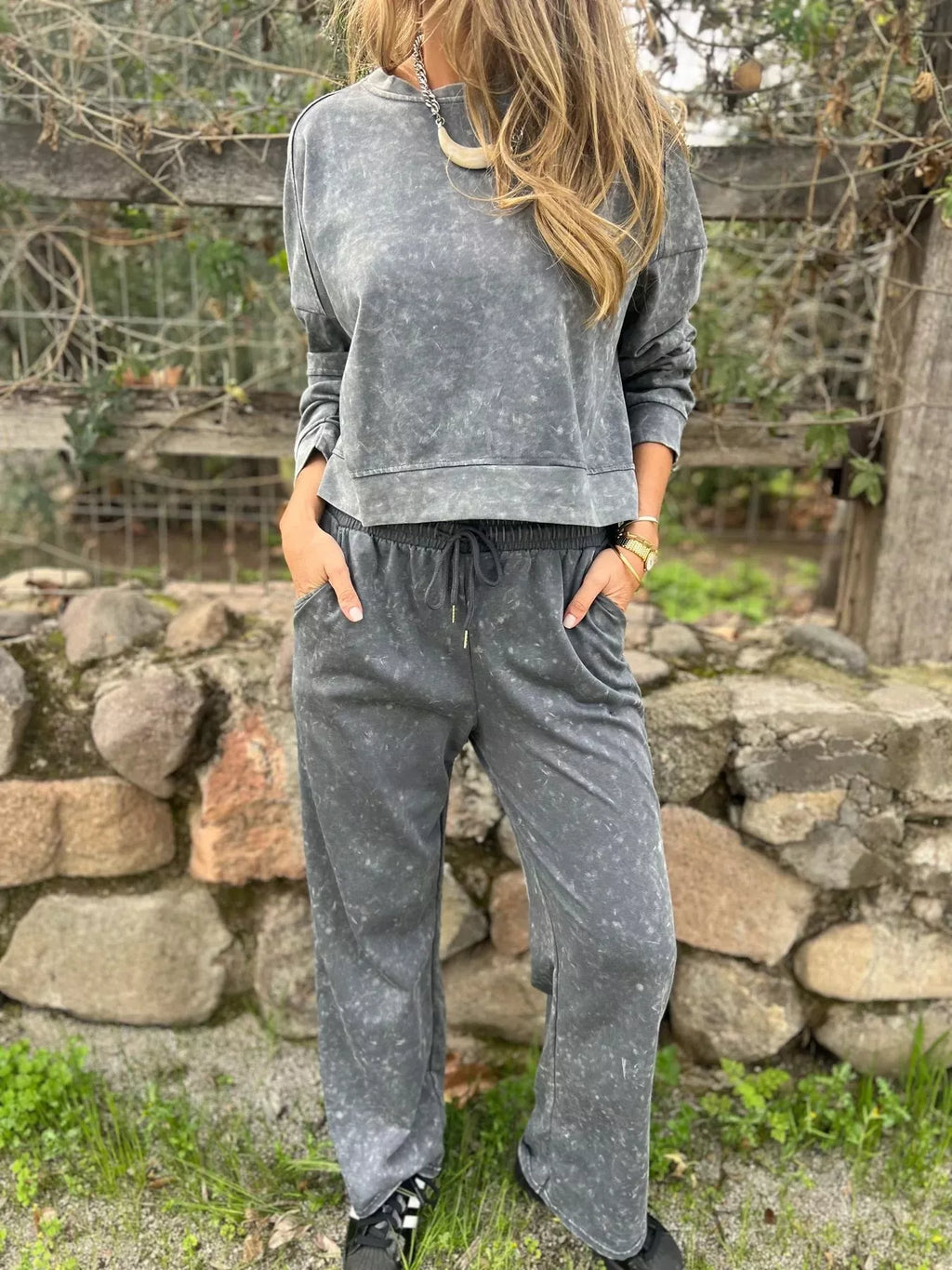 Full Size Washed Round Neck Top and Drawstring Pants Set Plus Size by Trendsi