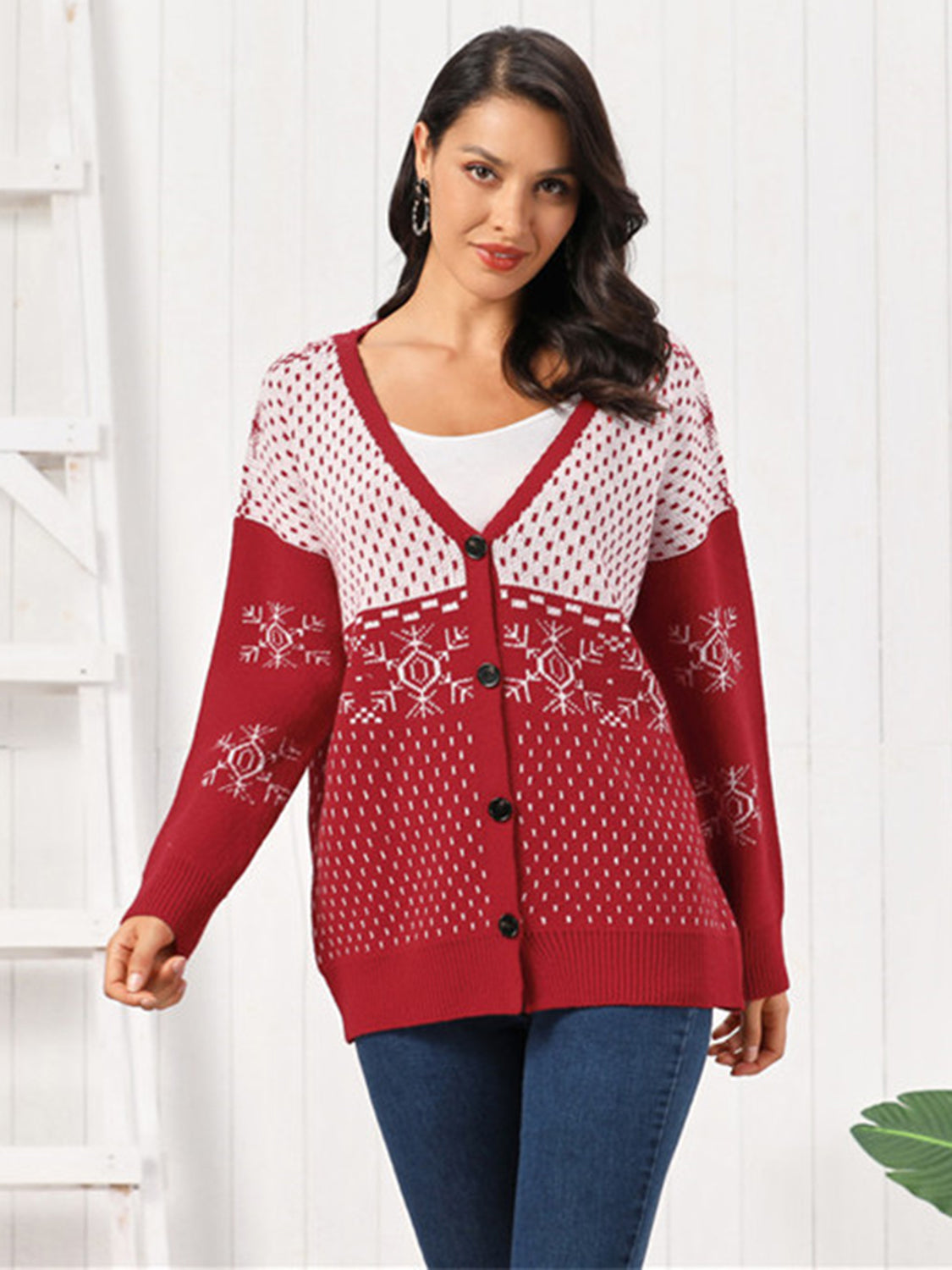 Snowflake Button Down Cardigan by Trendsi
