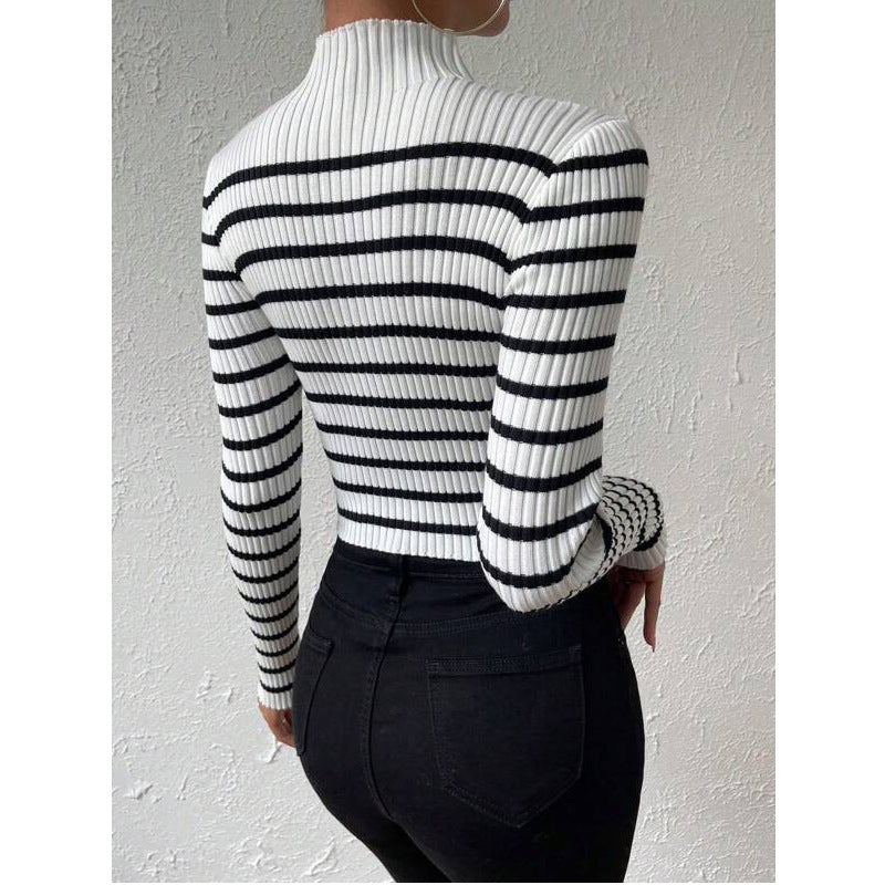 Fashion Long Sleeve Sunken Stripe Turtleneck Casual Slim Striped Sweater by DC-THE CEO
