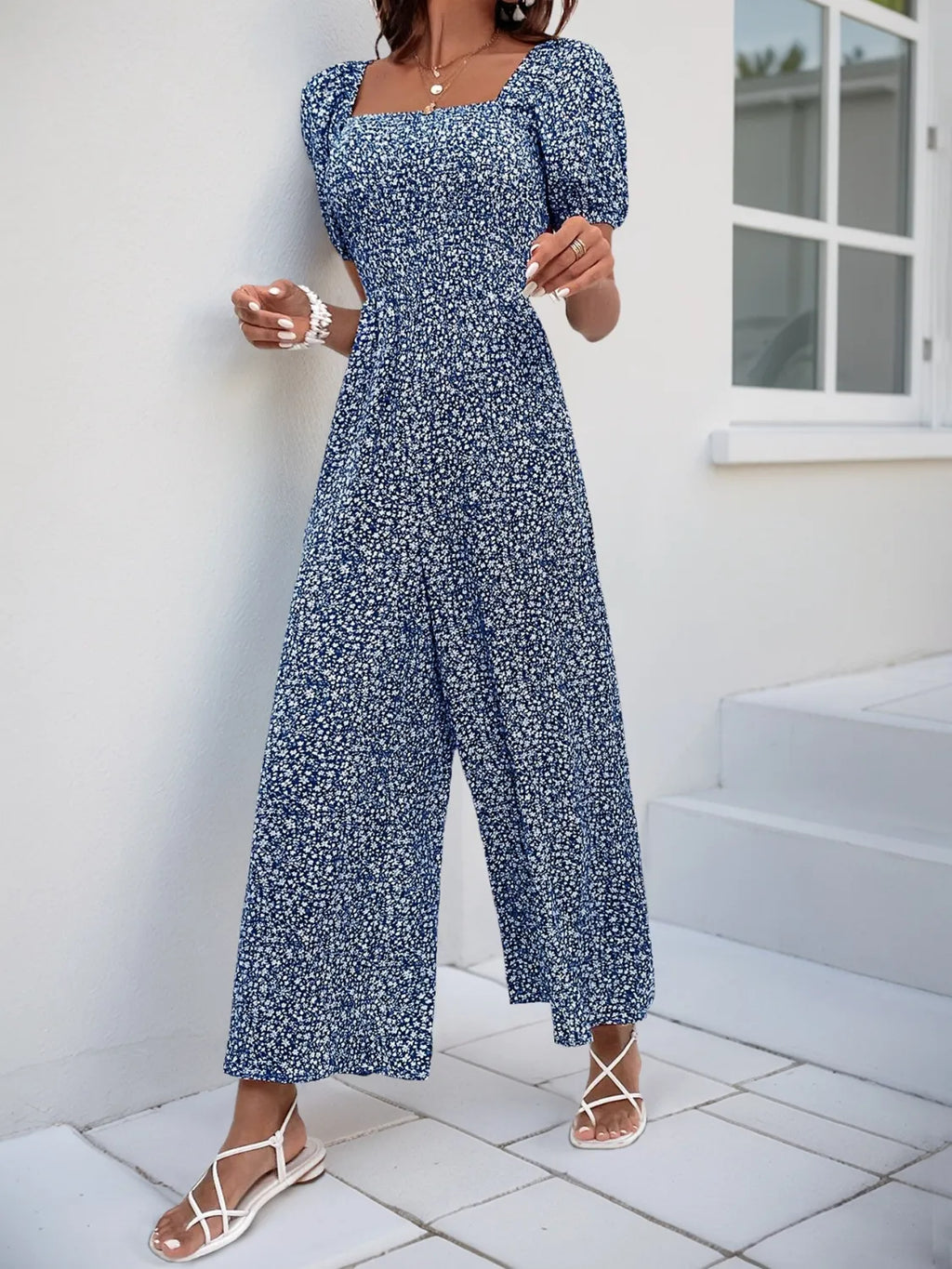 Printed Square Neck Puff Sleeve Jumpsuit by Trendsi