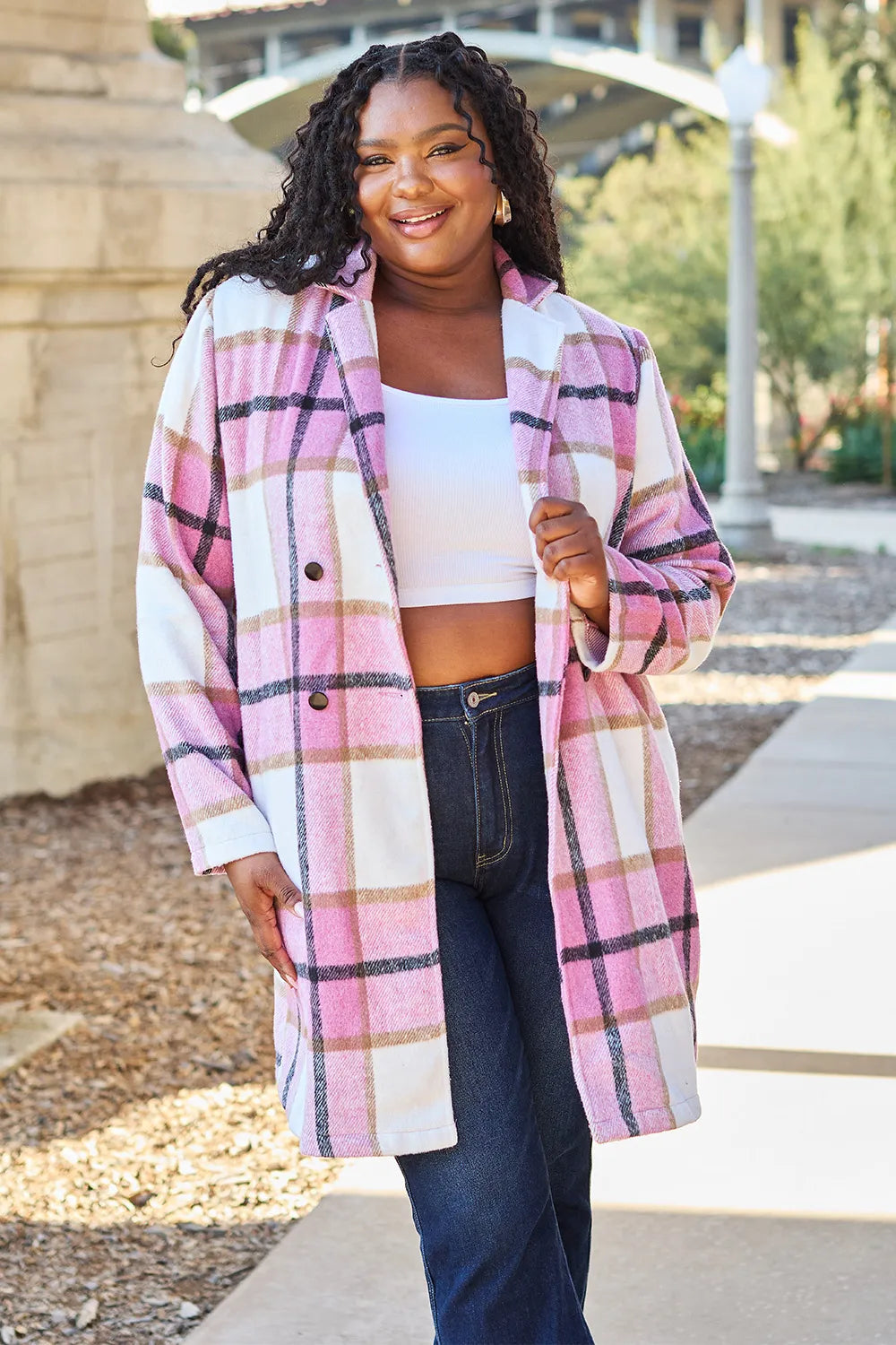 Double Take Full Size Plaid Button Up Lapel Collar Coat by Trendsi