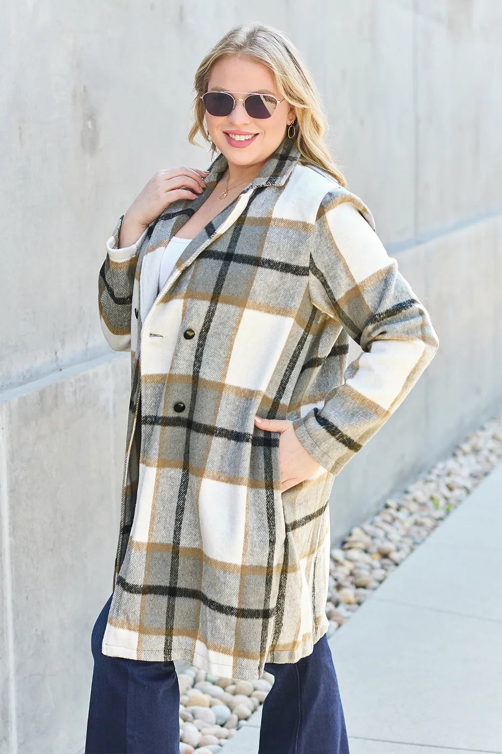 Double Take Full Size Plaid Button Up Lapel Collar Coat by Trendsi