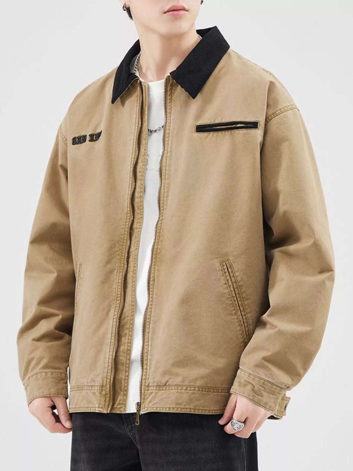 Men's Plus Size Zip Up Long Sleeve Jacket by Trendsi