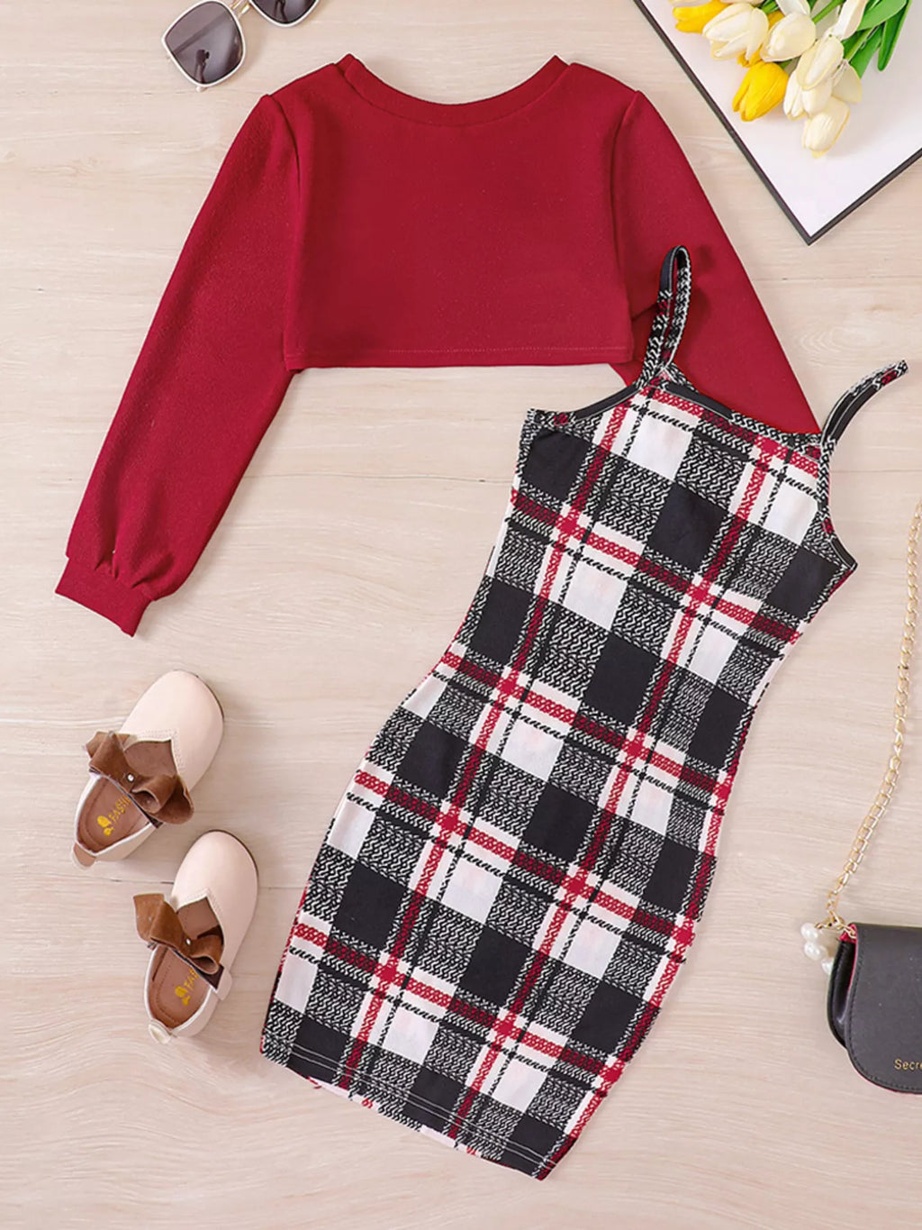 Children's Plaid Print Long Sleeve Dress Set by Trendsi