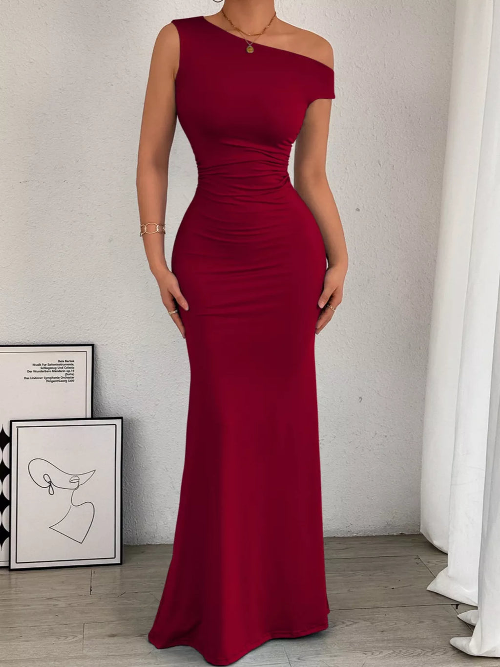 One-Shoulder Ruched Bodycon Maxi Dress by Trendsi