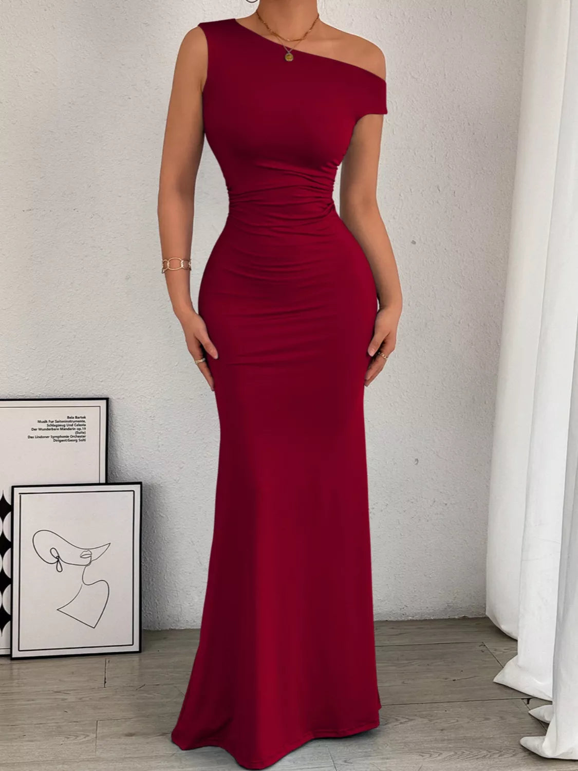 One-Shoulder Ruched Bodycon Maxi Dress by Trendsi