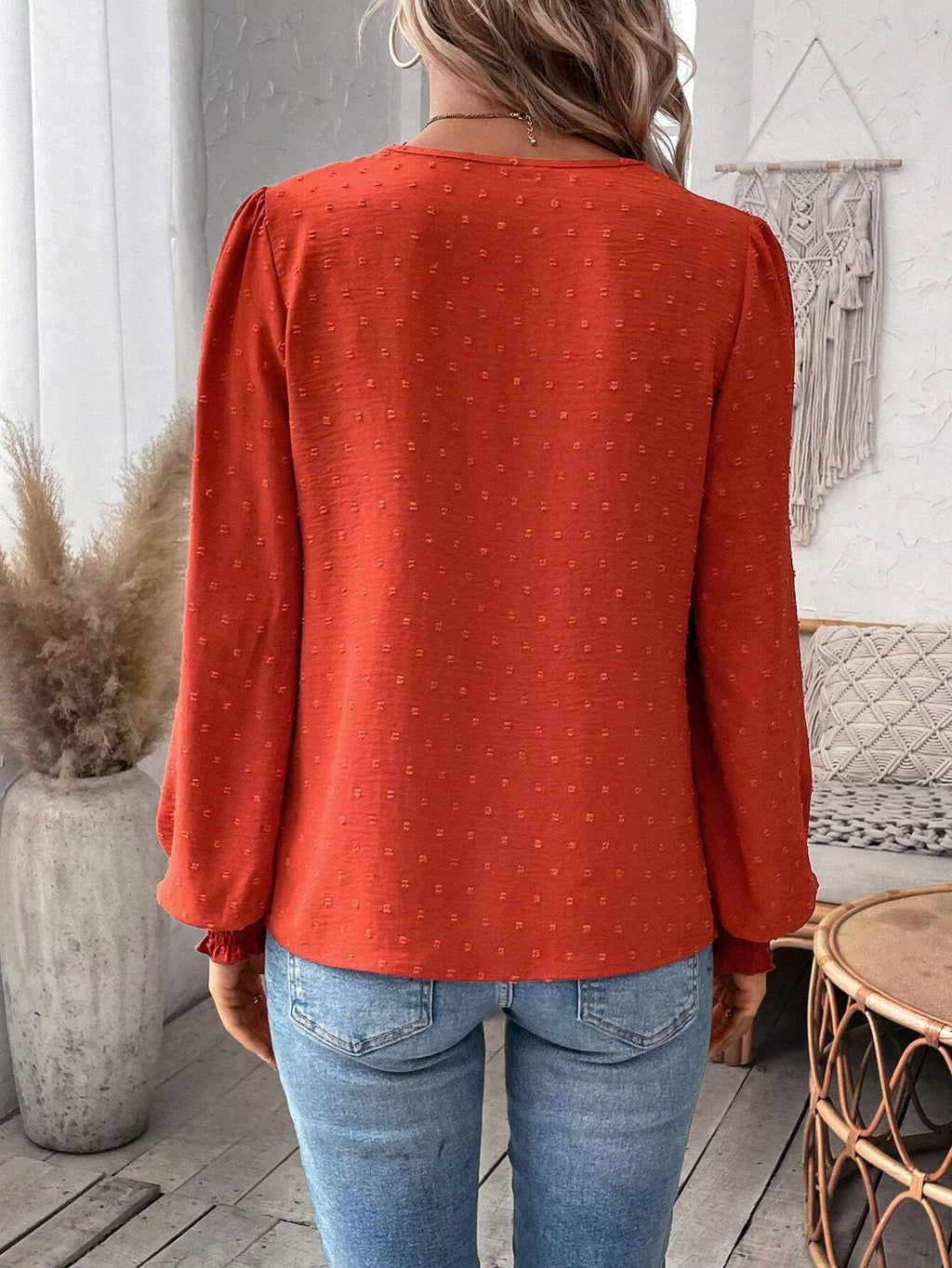 Swiss Dot Lace Detail Long Sleeve Blouse by Trendsi