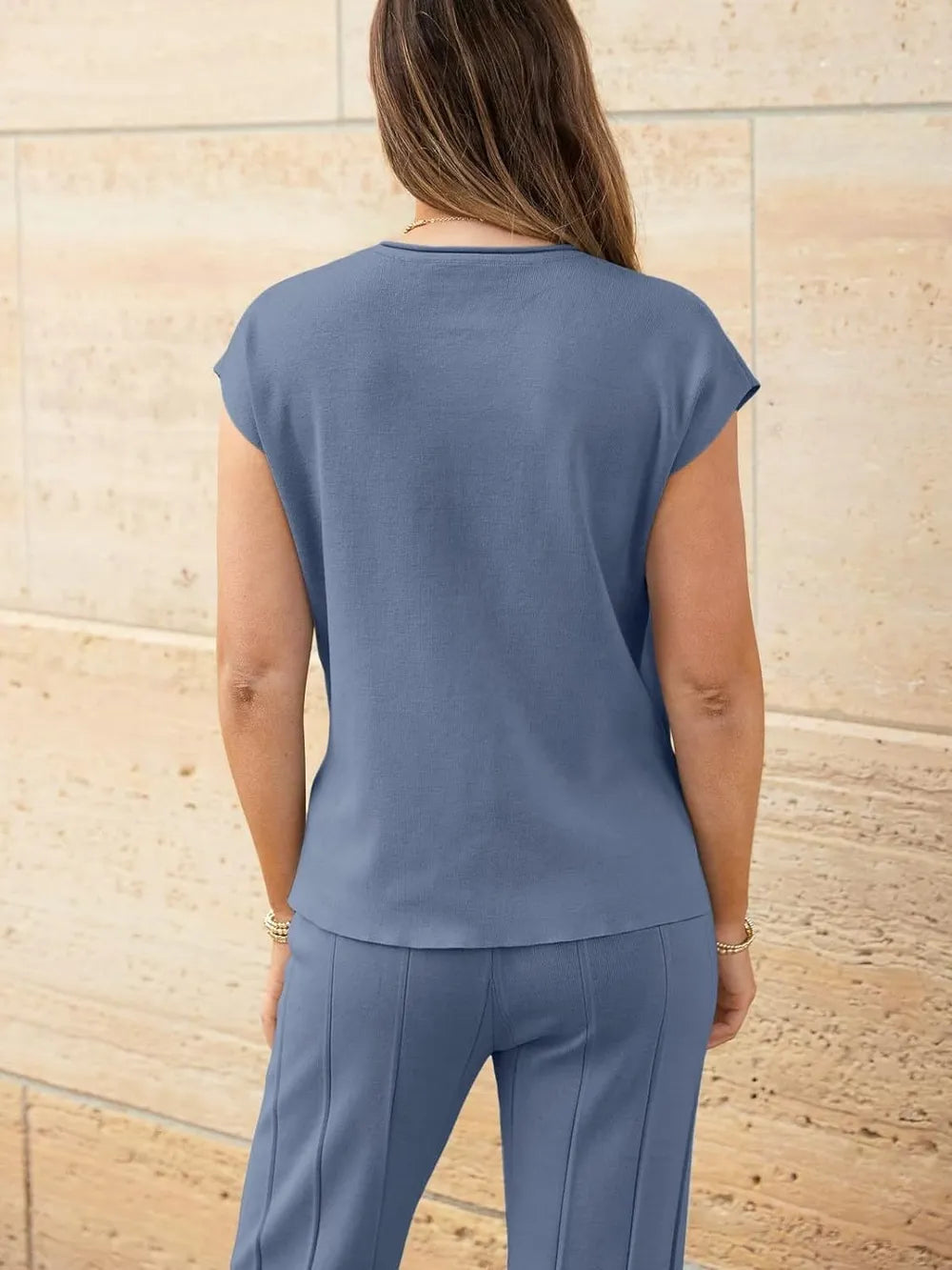 Round Neck Cap Sleeve Top and Pants Knit Set by Trendsi