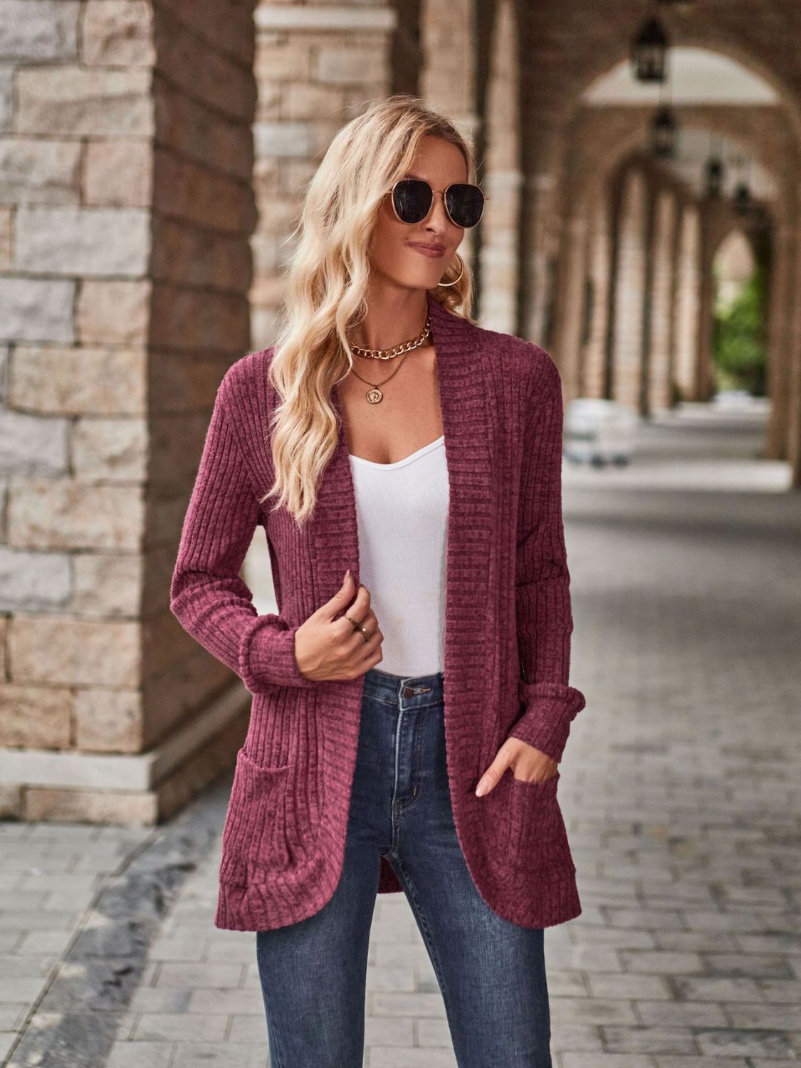 Open Front Cardigan with Pockets by Trendsi