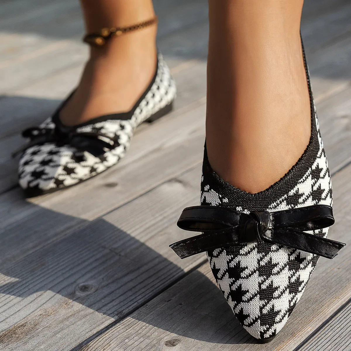 Houndstooth Point Toe Flats Slip-Ons by Trendsi