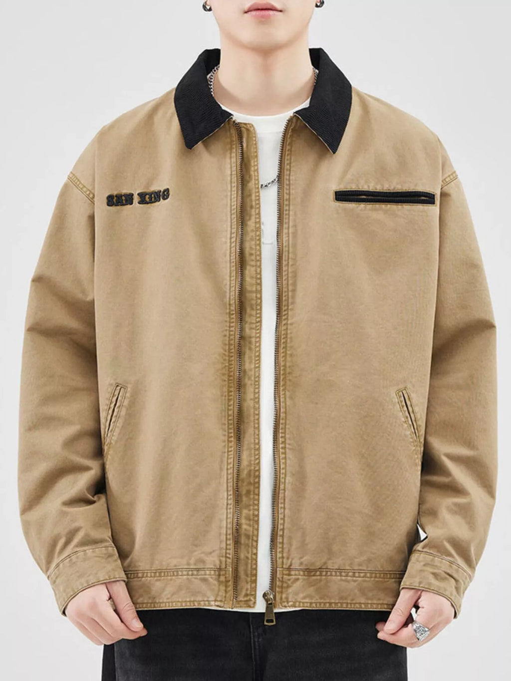 Men's Plus Size Zip Up Long Sleeve Jacket by Trendsi