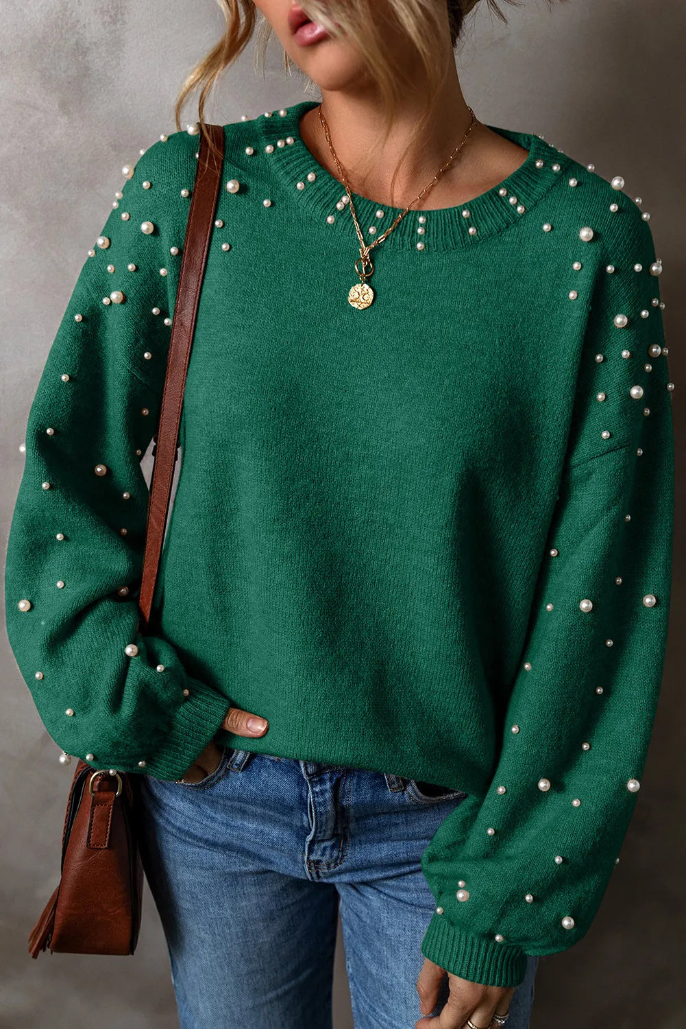 Pearl Detail Round Neck Long Sleeve Sweater by Trendsi