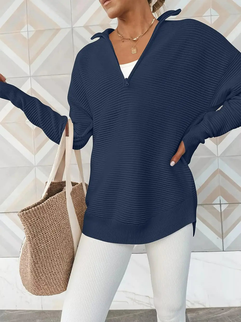 Half Zip Long Sleeve Knit Top by Trendsi
