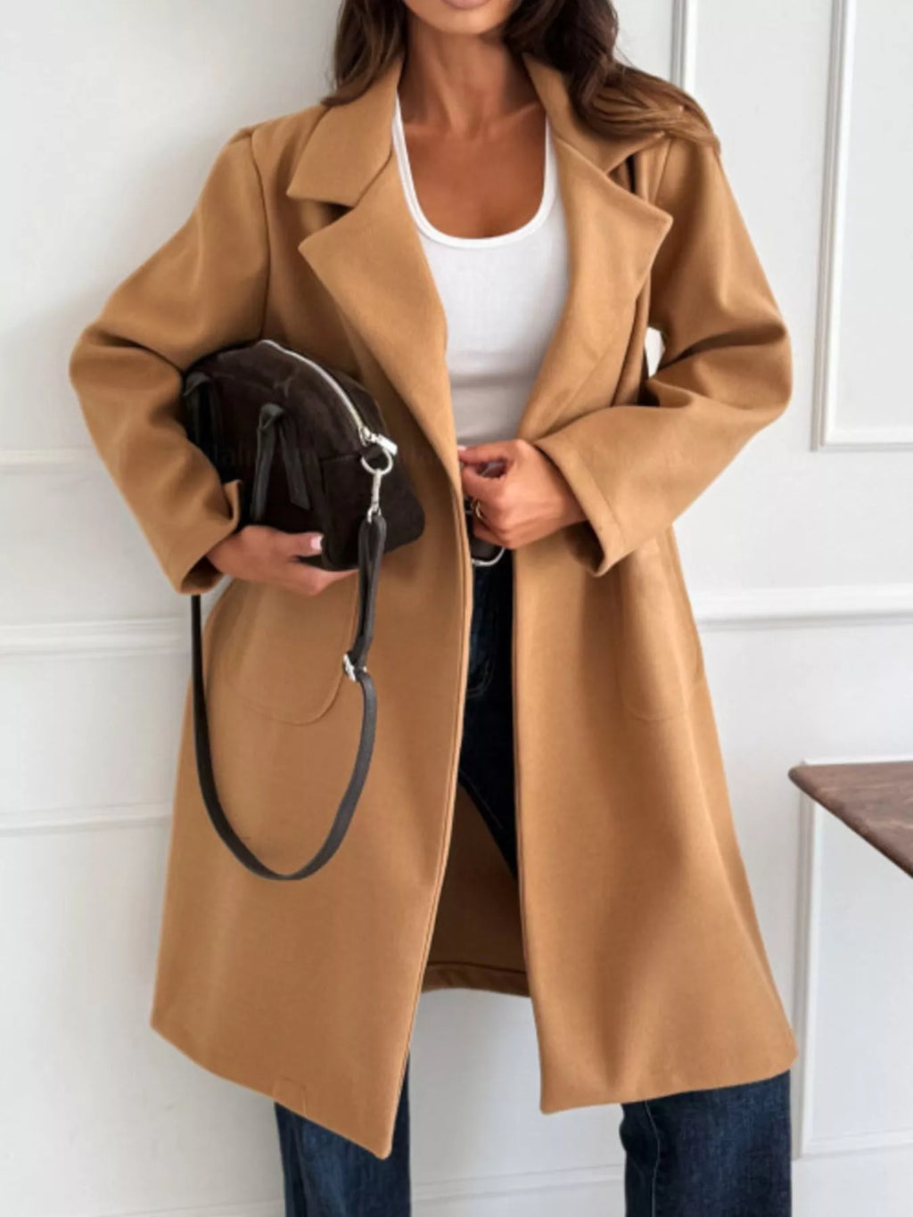 Long-Sleeve Single-Breasted Trench Coat by Trendsi