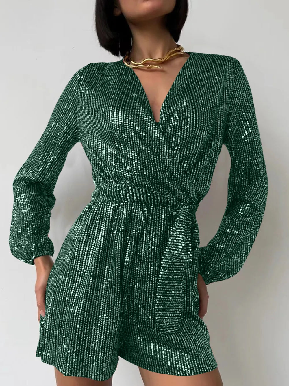 Full Size Sequin Surplice Tie Waist Long Sleeve Romper by Trendsi