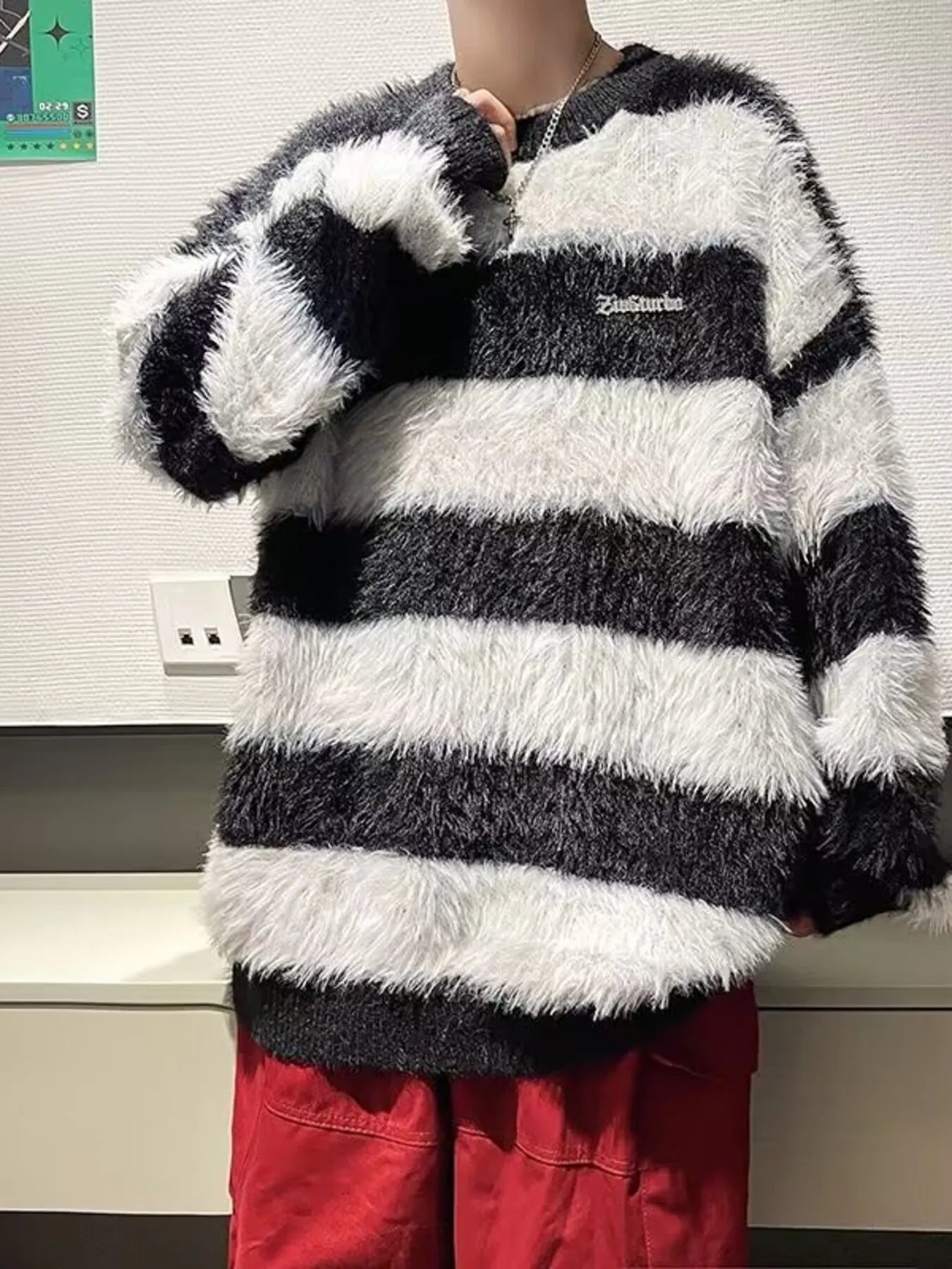 Men's Striped Fuzzy Knit Pullover Sweater by Trendsi