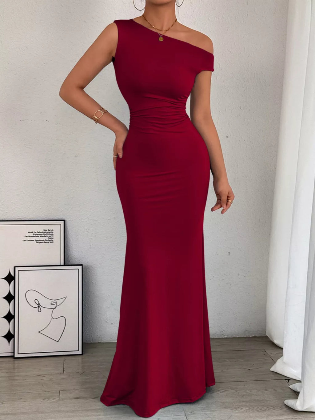 One-Shoulder Ruched Bodycon Maxi Dress by Trendsi