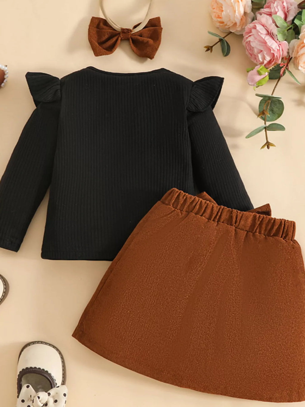 Children's Ribbed Knit Top and Bowknot Skirt Set with Headband by Trendsi