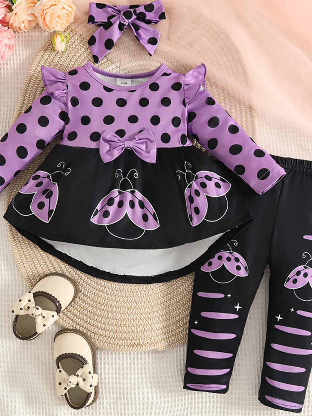 Children's Ladybug Print Ruffle Trim Top and Pants Set by Trendsi