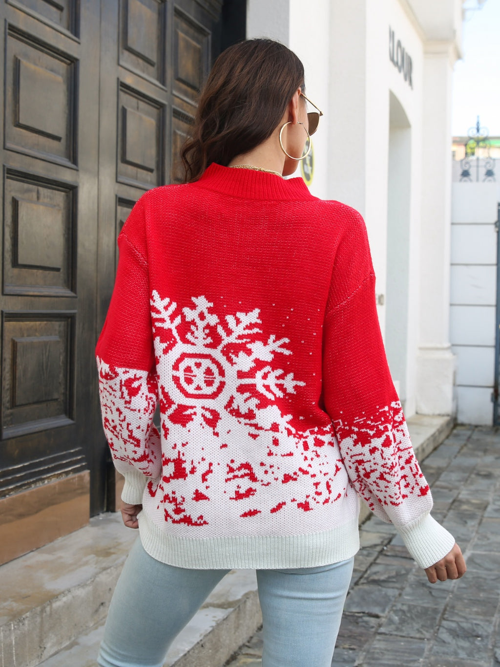 Snowflake Pattern Mock Neck Sweater by Trendsi