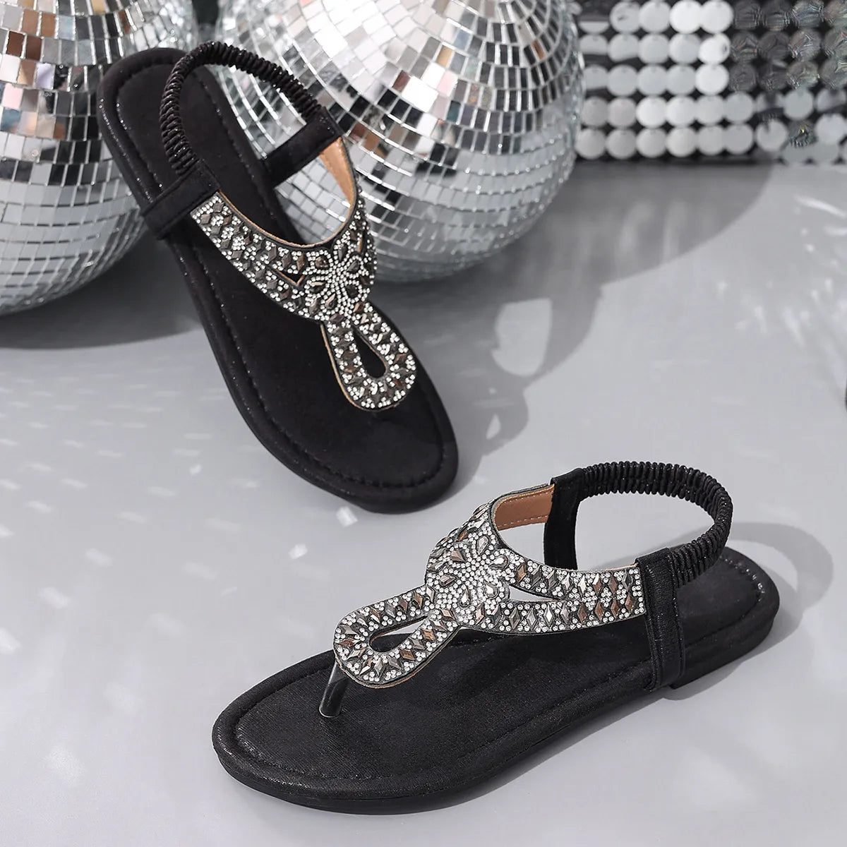 Rhinestone Toe Post Flats Sandals by Trendsi