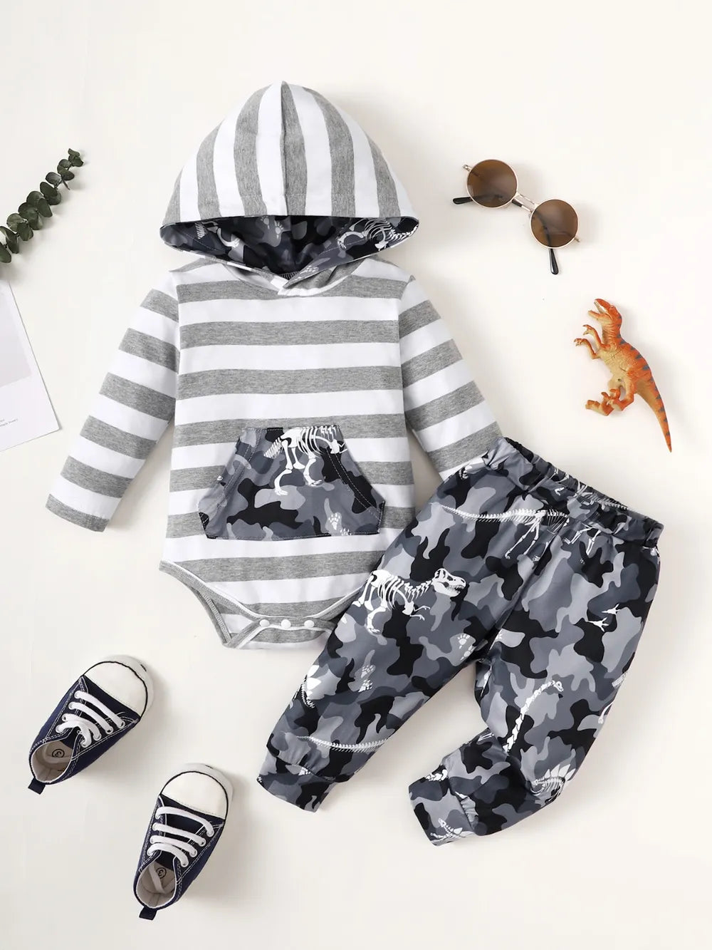 Children's Striped Hooded Bodysuit and Camouflage Pants Set by Trendsi