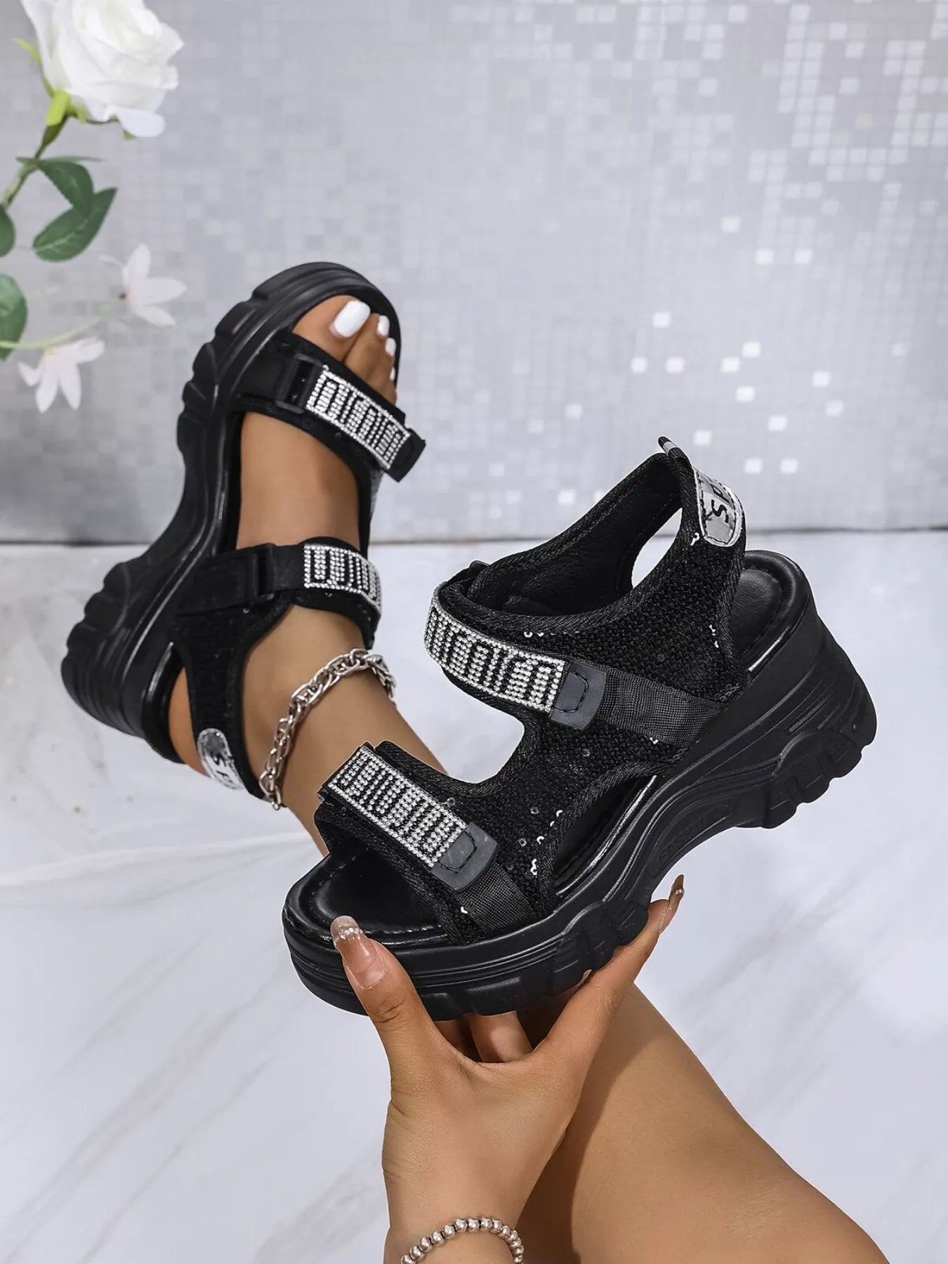 Rhinestone Open Toe Wedge Sandals by Trendsi