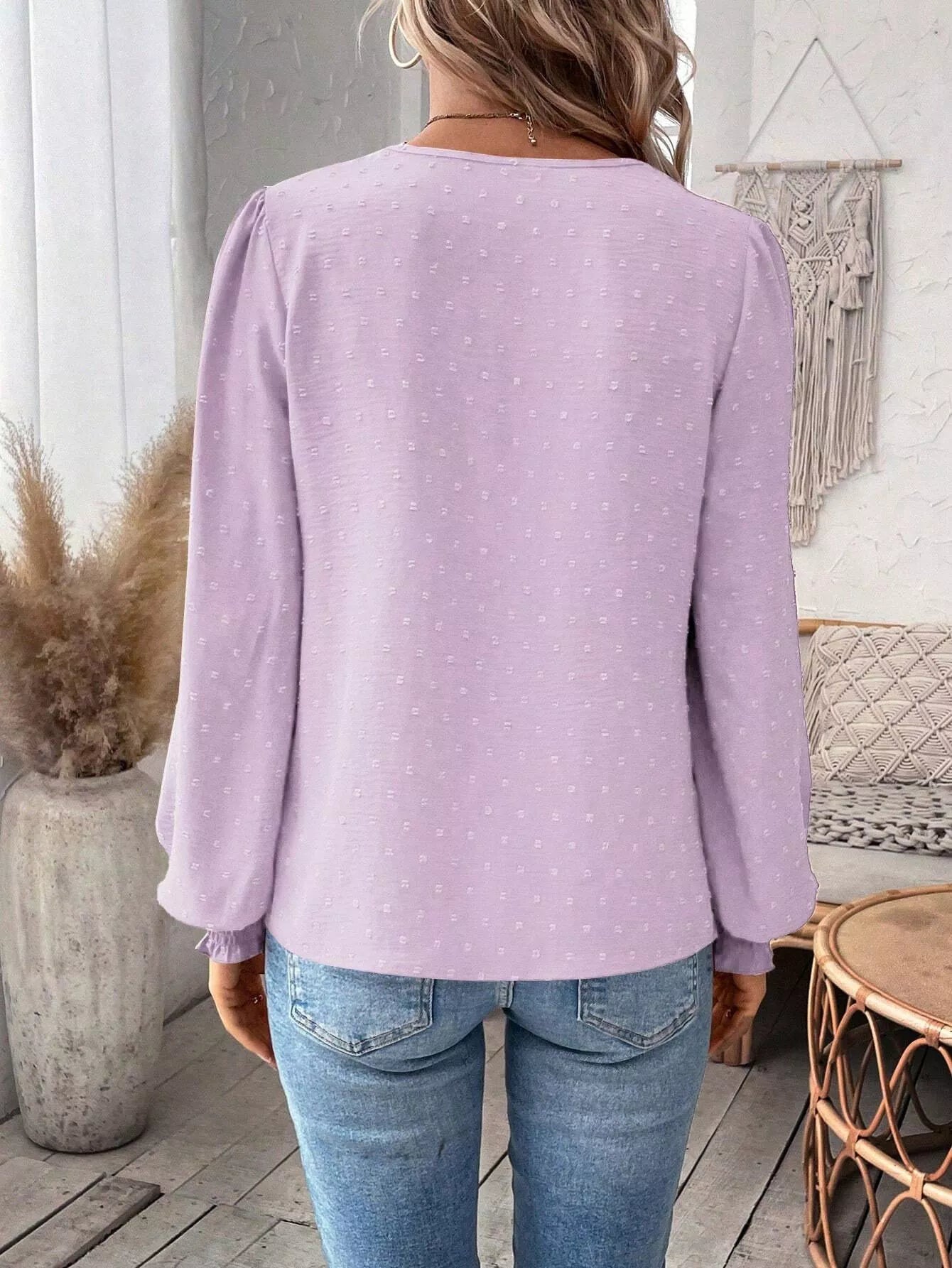 Swiss Dot Lace Detail Long Sleeve Blouse by Trendsi