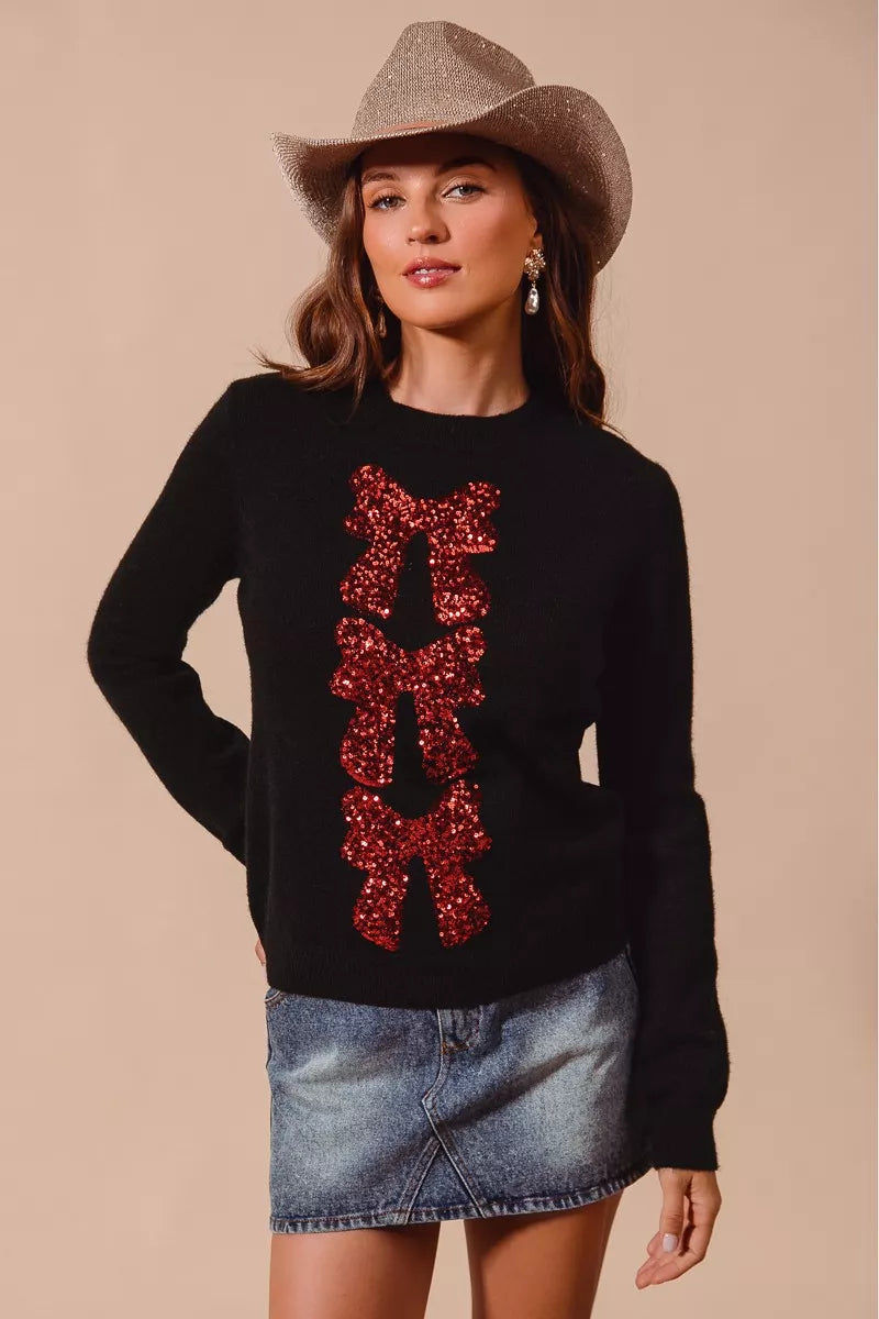 SO ME Sequins Bow Ribbon Embellished Christmas Sweater by Trendsi