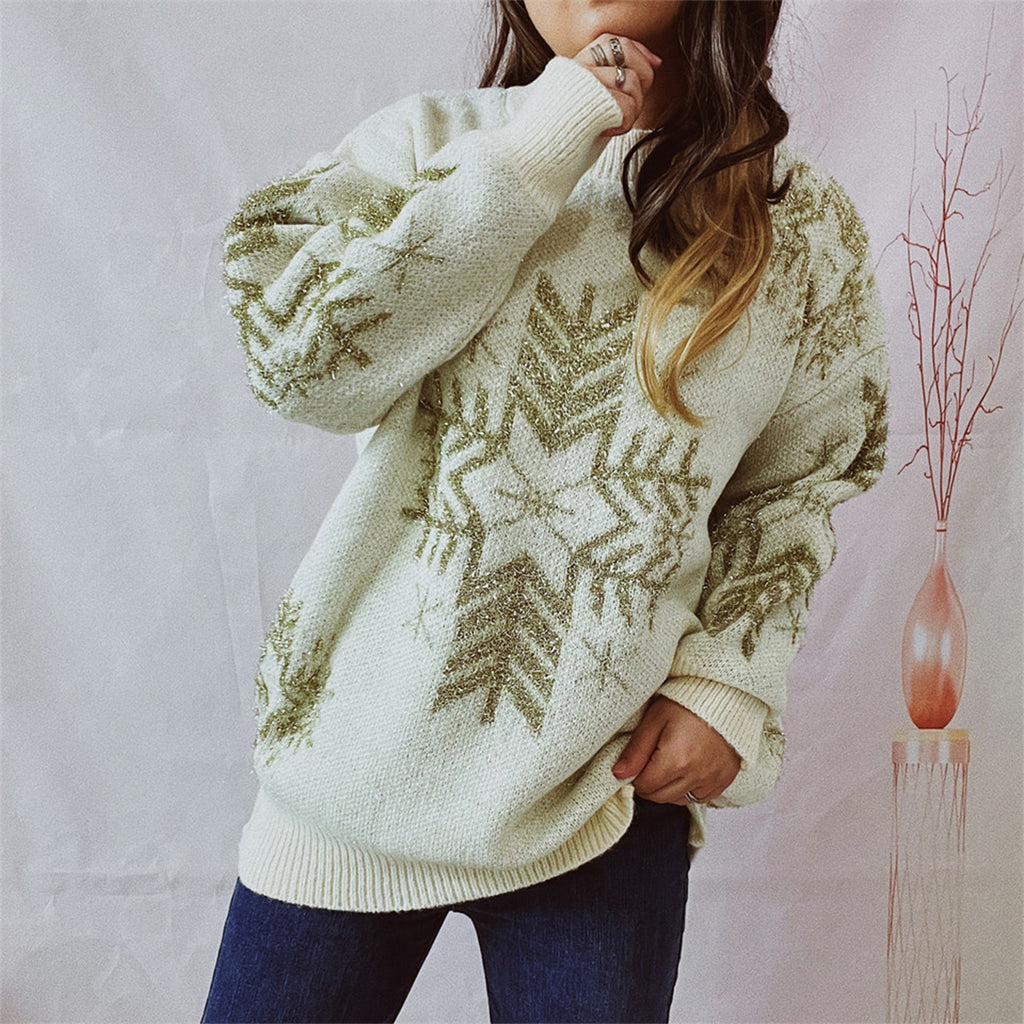 Snowflake Pattern Long Sleeve Sweater by Trendsi