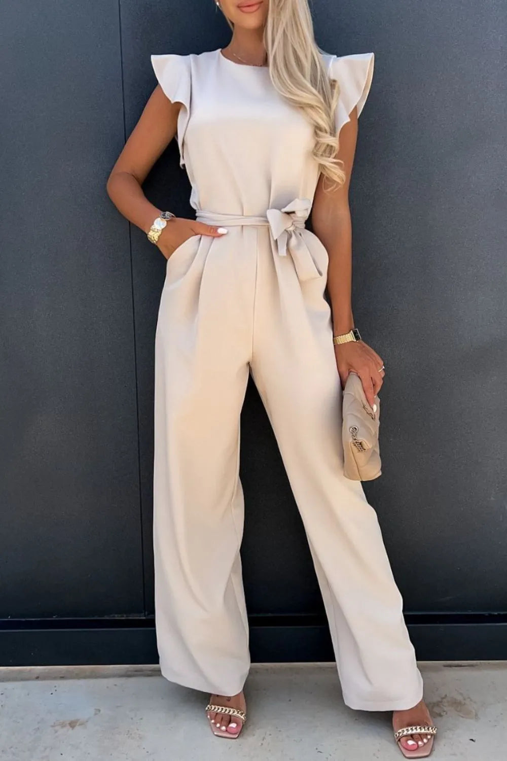 Round Neck Cap Sleeve Jumpsuit by Trendsi