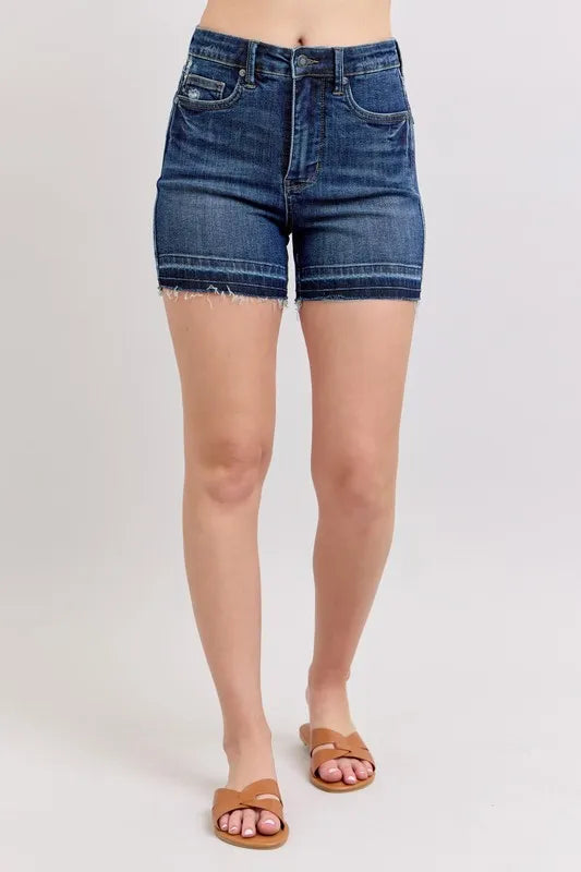 Judy Blue Full Size High Waist Tummy Control Destroy Release Hem Denim Shorts Plus Size by Trendsi