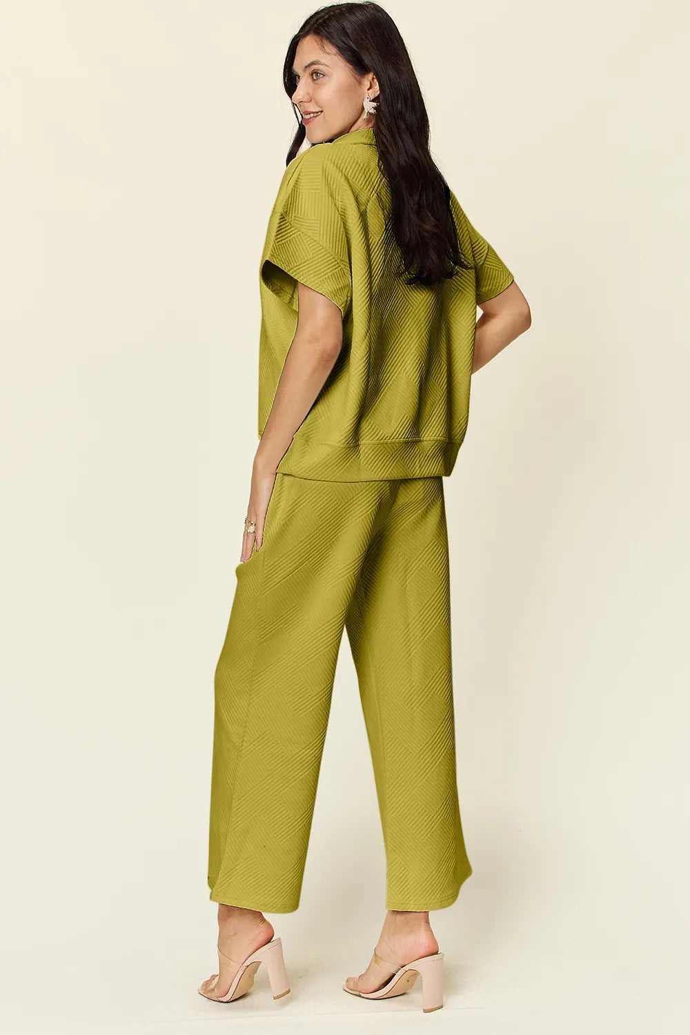 Double Take Full Size Texture Half Zip Short Sleeve Top and Pants Set by Trendsi