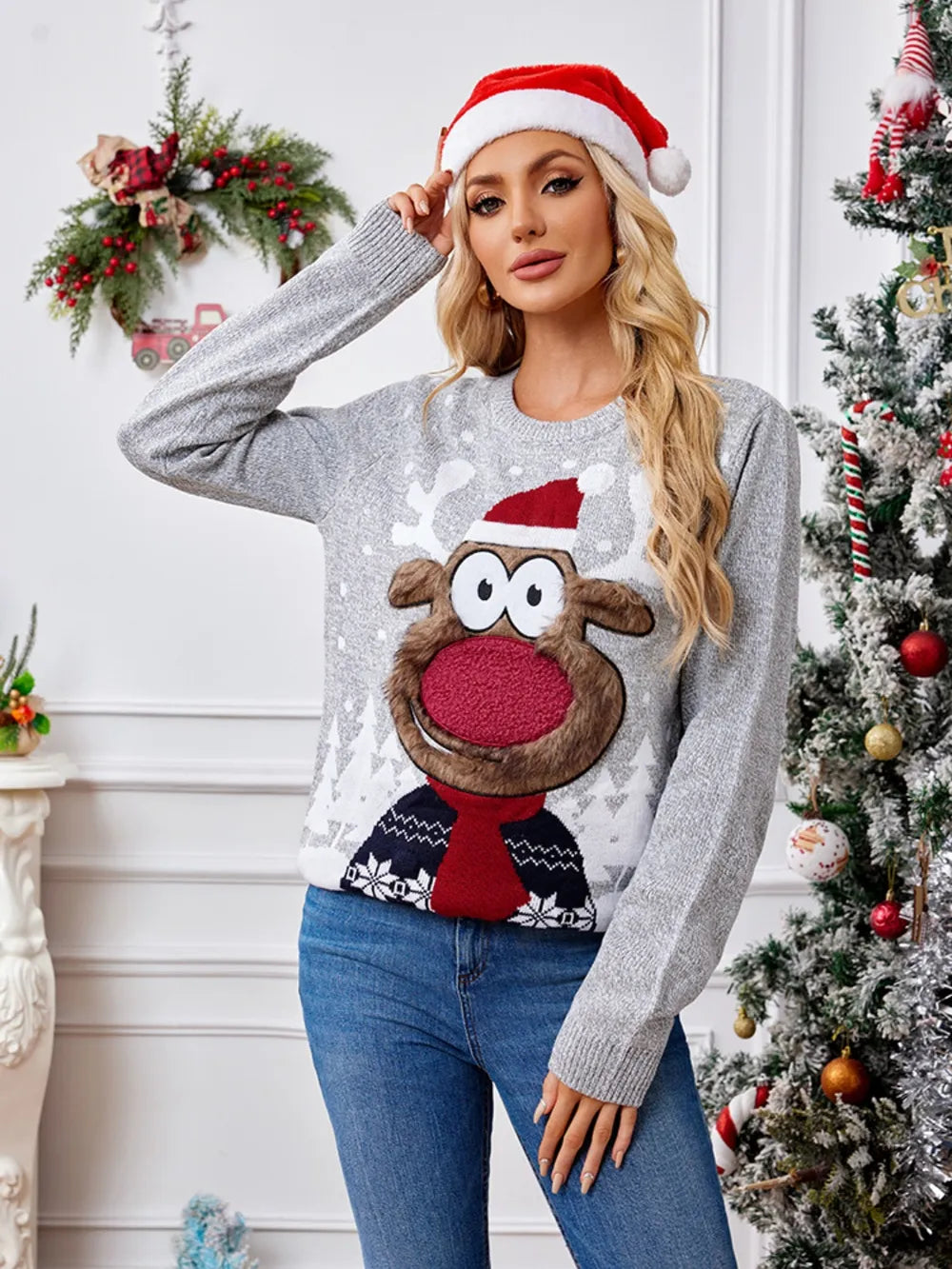 Reindeer Round Neck Long Sleeve Sweater by Trendsi